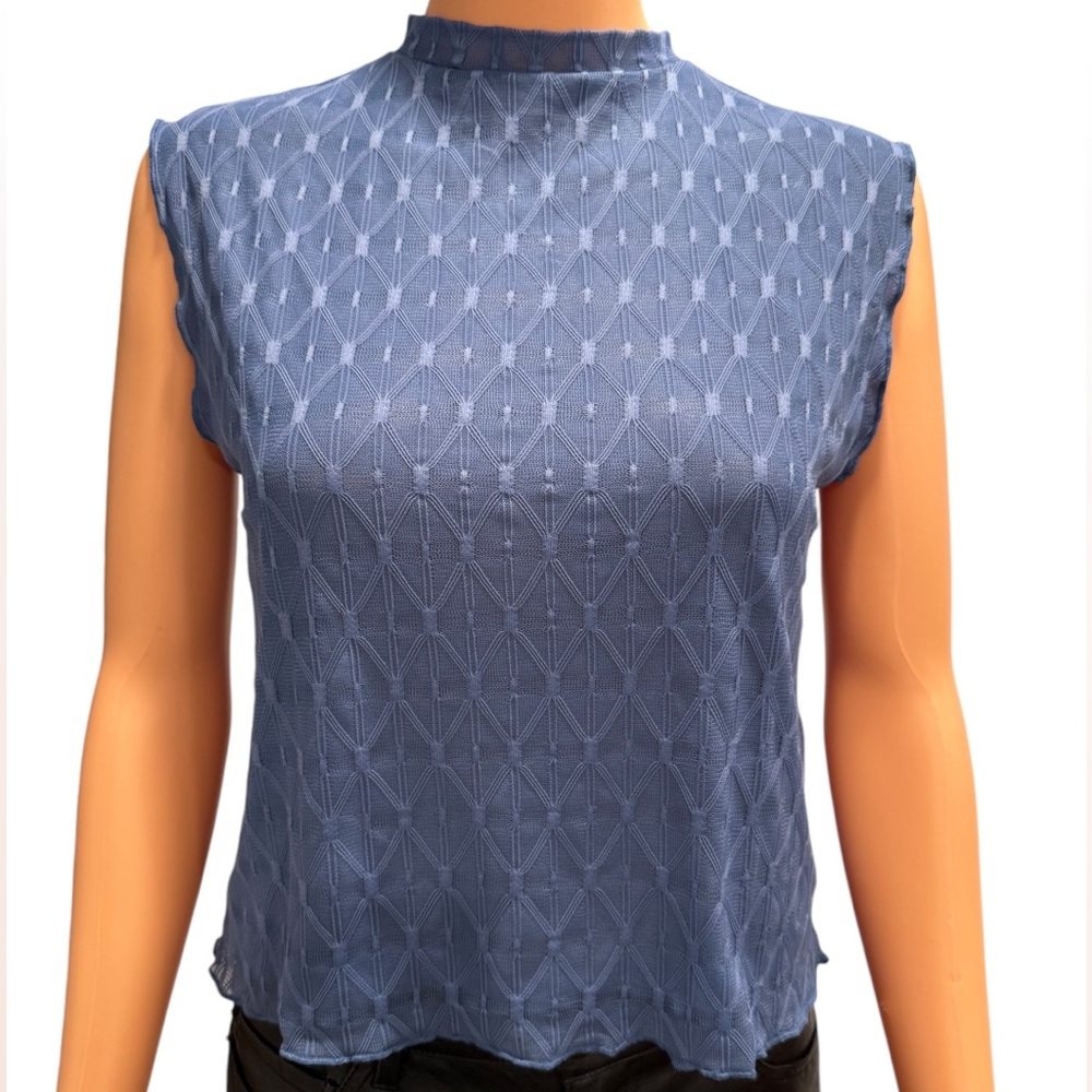 HOUSE OF HARLOW 1960 NWT Delicate Knit Detail Sheer Overlay Blue Top Size Medium